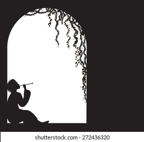 spring melody, boy sitting and playing trumpet on the arch with curly wine and plant, young dreamer, sad love story.