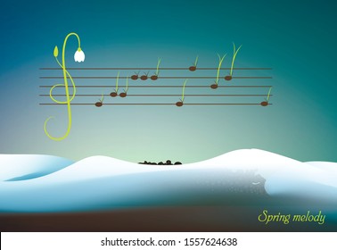 spring melody concept, grass and flower sprouts look like  music notes, spring music creative idea, vector