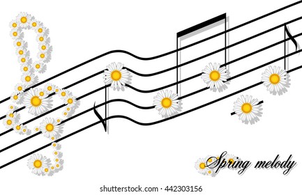 Spring Melody print floral pattern of chamomiles notes on a stave and the treble clef isolated on white for textiles and printing products