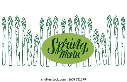 Spring menu – hand written sign with asparagus doodle illustration. Vector stock isolated on white background for food service place, restaurant, cafe, bar, bistro. EPS10