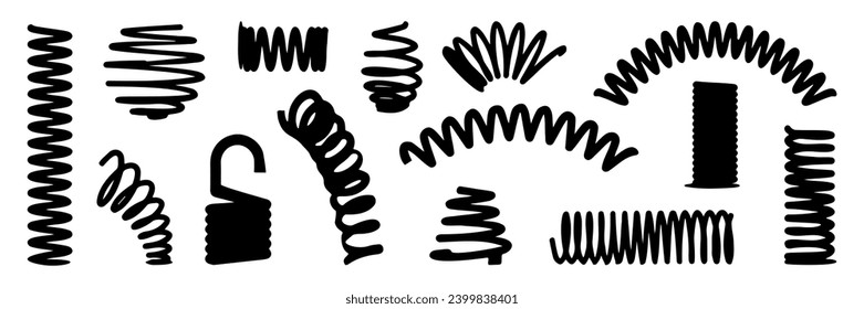 Spring metal silhouette collection. Coil springs icons. Flexible metal wire spiral springs icons set svg