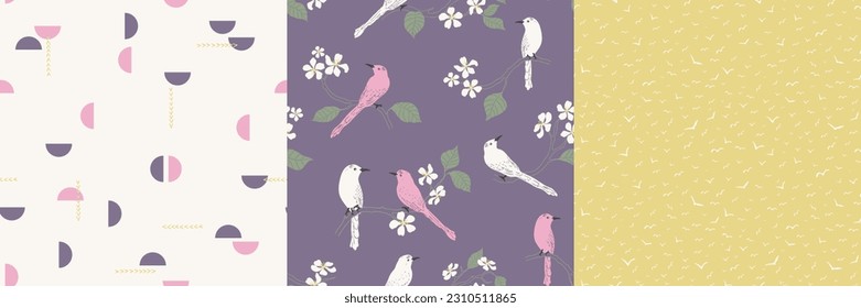 Spring Mini Collection set that features a variety of patterns: sweet blossoms, migratory birds, and a geometric pattern symbolizing the equinox. Can be used as home decor, fashion, stationary etc.