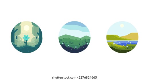 Spring mini nature scenes in round frame. Vector spring illustration icons. 3 Different spring scenes