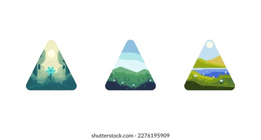 Spring mini nature scenes in a triangular frame. Vector icons with spring illustrations. 3 different spring scenes