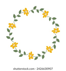 Spring minimalist floral Wreath with copy space. Hand drawn frame with Yellow flowers. Flat summer decoration elements for invitation cards posters.