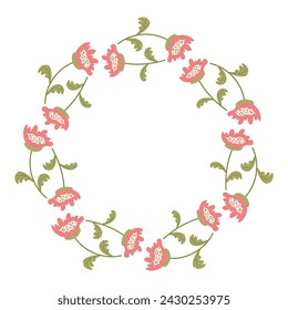 Spring minimalist floral Wreath with copy space. Hand drawn frame with Pink flowers. Flat summer decoration elements for invitation cards posters.