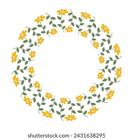 Spring minimalist floral Wreath with copy space. Hand drawn frame with Yellow flowers. Flat summer decoration elements for invitation cards posters.