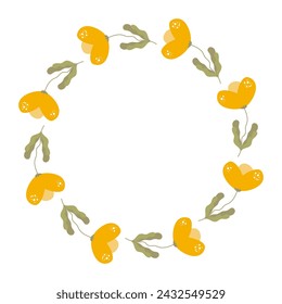 Spring minimalist floral Wreath with copy space. Hand drawn frame with elegant Yellow flowers. Flat summer decoration elements for invitation cards posters with copy space.