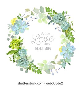 Spring mix of succulents, herbs and plants round vector design floral frame. Cute rustic green wedding flowers. All elements are isolated and editable.