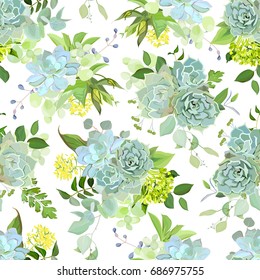 Spring mix of succulents, herbs and plants seamless vector design pattern. Natural cactus print in modern funky style. Cute rustic green wedding flowers. All elements are isolated and editable.