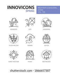 Spring - modern line design style icons set. Seasonal symbols, leisure and outfit, weather conditions idea. Snowdrop, kite, gardening, pussy-willow, raining, Easter, sun shining, picnic, nesting box
