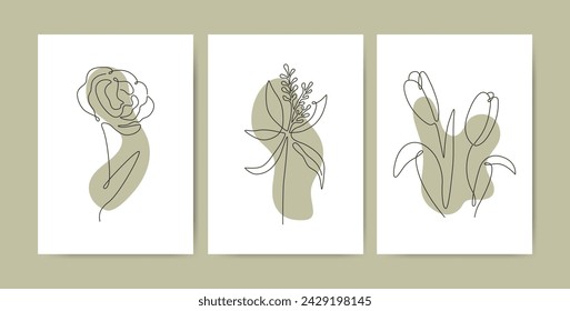 Spring modern posters with line art flowers in trendy viridis color for wall decor. Set of trendy posters with plants. Abstract illustration. Modern Art. Minimalism. Vector illustration.