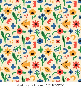 Modernes, nahtloses Muster mit Vögeln, Blumen, Pflanzen, geometrischen Formen. Handgezeichnet skandinavischer Vektorhintergrund.
