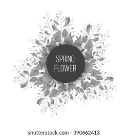 Spring monochrome background with blooming flowers and circle for your text message. Greeting card.