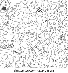 Spring monochrome seamless pattern with doodles. Good for kids textile prints, scrapbooking, coloring pages, easter decor, etc. EPS 10