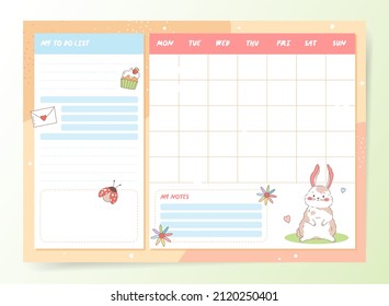 Spring monthly planning template with Rabbit or Bunny, lady bug and cupcakes. Blank monthly planner with notes in pastel pink, blue colors. Simple stylish organizer design. Vector illustration
