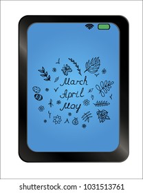 Spring months on background plate. Spring. March, April, May. Spring month lettering. Hand drawn Vector illustration.