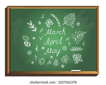 Spring months on chalkboard. Spring. March, April, May. Spring month lettering. Hand drawn Vector illustration.