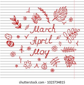 Spring months on copybook background. Spring. March, April, May. Spring month lettering. Hand drawn Vector illustration.