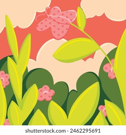 Una ilustración abstracta de sentimiento de primavera con plantas verdes oscuras, hojas brillantes, flores rosadas, una mariposa sentada, nubes de rosas ligeras y esponjosas sobre el fondo del cielo matutino rosado con el sol que sale.