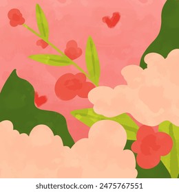 A spring mood abstract illustration with dark green plants, bright leaves, pink and beige flowers, fluffy light rose clouds on the background of pink morning sky with small flying hearts.
