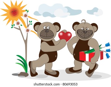 Spring mood Bear gives heart to his girlfriend.Illustration.