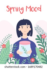 Spring mood concept design. Girl holding jar with green leaf on spring.  Vector flat cartoon illustration