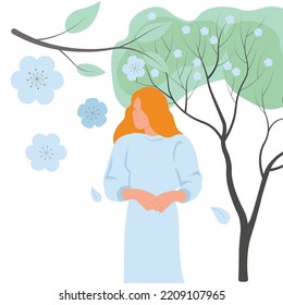Spring mood. The girl admires the flowering of the apple tree. Vector stock illustration. May.
