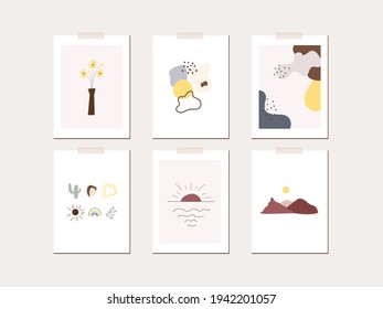 Plantilla de póster de la tarjeta de saludo con ánimo de primavera. hojas minimalistas, flores, sol, formas abstractas