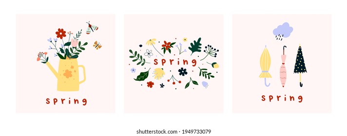 Spring mood greeting card poster template. Welcome spring season invitation. Minimalist postcard with nature leaves, watering can, flowers umbrellas. Vector illustration in flat cartoon style