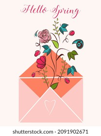 Spring mood greeting card poster template. Welcome spring season invitation. Minimalist postcard with flowers on light pink background. Vector illustration in flat cartoon style