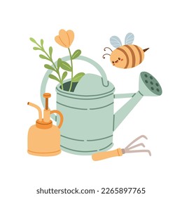 Spring mood greeting card template. Welcome spring season invitation. Minimalist postcard with leaves, watering can. 