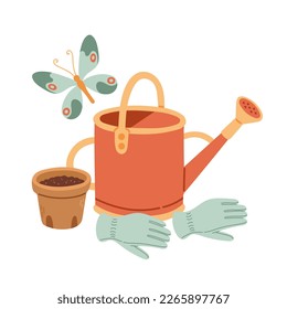 Spring mood greeting card template. Welcome spring season invitation. Minimalist postcard with leaves, watering can. 