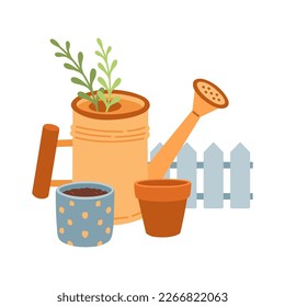 Plantilla de tarjeta de saludo de ánimo de primavera. Invitación de la temporada de primavera de bienvenida. Postal minimalista con hojas, lata de riego. 