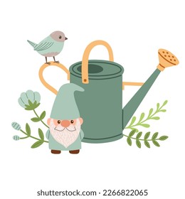 Spring mood greeting card template. Welcome spring season invitation. Minimalist postcard with leaves, watering can. 