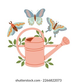 Spring mood greeting card template. Welcome spring season invitation. Minimalist postcard with leaves, watering can. 