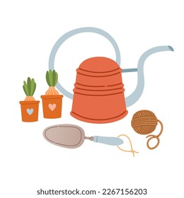 Spring mood greeting card template. Welcome spring season invitation. Minimalist postcard with leaves, watering can. 