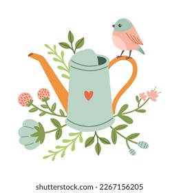 Spring mood greeting card template. Welcome spring season invitation. Minimalist postcard with leaves, watering can. 