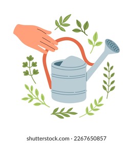 Plantilla de tarjeta de saludo de ánimo de primavera. Invitación de la temporada de primavera de bienvenida. Postal minimalista con hojas, lata de riego. 