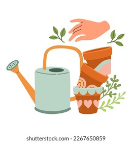 Spring mood greeting card template. Welcome spring season invitation. Minimalist postcard with leaves, watering can. 