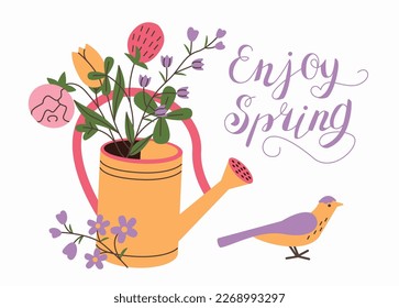 Plantilla de carrito de saludo de ánimo de primavera. Carro de poste minimalista con flores, lata de agua, pájaro.