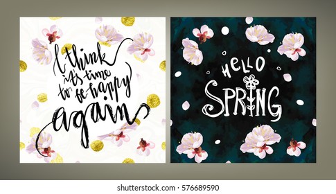 Spring mood illustrations set. Card vector template. Hand written lettering. Textured plum tree flowers and petals on velvet textured background.