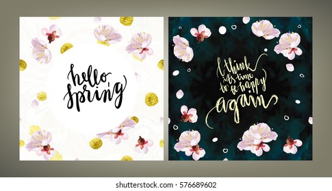 Spring mood illustrations set. Card vector template. Hand written lettering. Textured plum tree flowers and petals on velvet textured background.