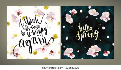 Spring mood illustrations set. Card vector template. Hand written lettering. Textured plum tree flowers and petals on velvet textured background.
