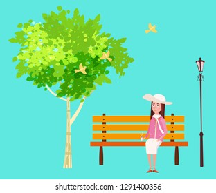 Spring mood, park. outdoor. The sitting girl on the bench is dreaming. Birds singing. Blue sky. Bright juicy colors. Vector, illustration, isolated. Template. Cartoon style
