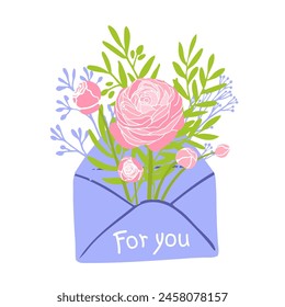 spring mood pink  bouquet in envelope vector flat illustration. Blooming plant gift symbol isolated. Flower decoration or holyday symbol for greeting card, mothers, gift label, spring, 8 march