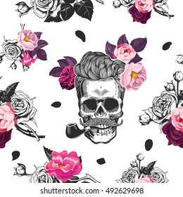 Spring mood. Seamless pattern with the skulls, bouquets of roses in the background. Skull silhouette in engraving style. Fashion illustration. Vector.