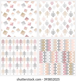 Spring mood. Set of geometric seamless vector patterns. Inspired by American Indians art. Firs, arrows, wrapping squares, bohemian stripes. Ethnic textile collection. Light grey, pink, beige, white.