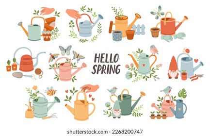 Plantilla de ajuste de ánimo de primavera. Invitación de la temporada de primavera de bienvenida. Postales minimalistas con hojas, regar latas. 