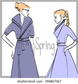 Spring mood, vector fashion illustration of two women wearing feminine "new look" dresses. graphic, shades of grey.